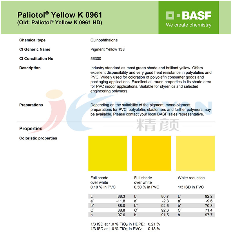 巴斯夫K0961顏料黃TDS技術數(shù)據表