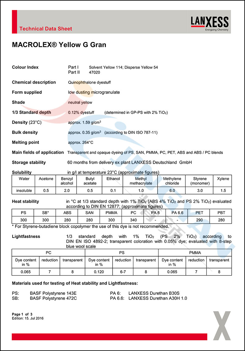 朗盛黃G溶劑染料數(shù)據(jù)表